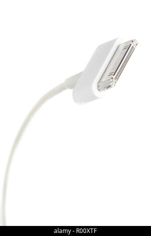 Detail of the head of a 30-pin white usb cable Stock Photo