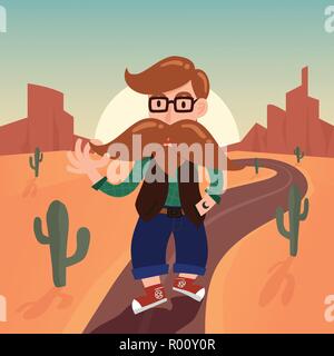 Cute gentleman hipster cartoon character with long mustache walking on street in desert Stock Vector