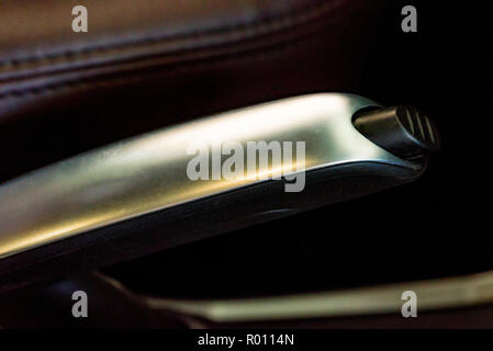 Manual brake in interior of modern car close Stock Photo