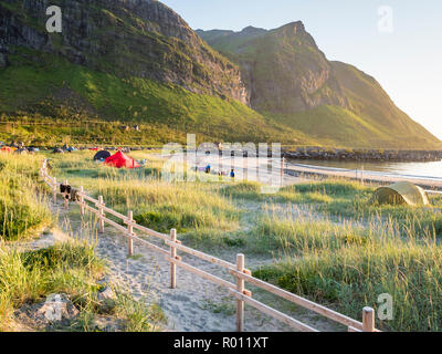 Beach Ersfjordstranden, fjord Ersfjord, public recreation area,  sandy beach with dune grass, island Senja, Troms, northern Norway, Norway Stock Photo