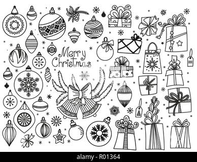 Christmas doodle collection. Hand drawn cartoon gift boxes in various shapes, balls, bells and toys with ribbons and bow. Vector illustration isolated on white background. Design elements collection. Stock Vector