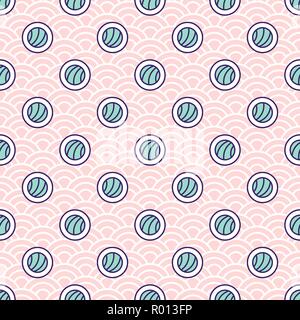 Abstract sushi rolls seamless vector pattern on japanese wave background. Stock Vector