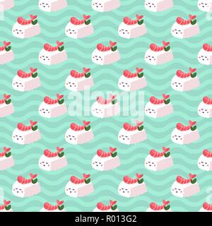 Shrimp nigiri sushi seamless vector pattern on japanese wave background. Stock Vector
