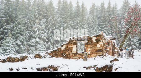 Old abandoned demolished house covered with snow in winter Stock Photo ...