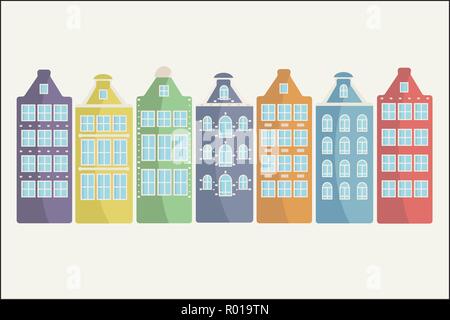 Set of colorful houses in a row on a white background. Stock Vector