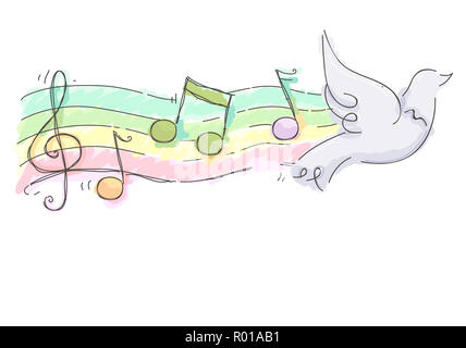 Illustration of a Flying White Dove with Musical Notes on Staff Behind Stock Photo