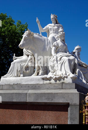 Sculpture representing Europe, by Patrick MacDowell, on the plinth of the Albert Memorial, in Kensington Gardens, London, in memory of Prince Albert Stock Photo