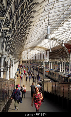 The interior of Paddington Station, the London terminus of Brunel’s Great Western railway seen from the ramp to the Hammersmith & City line. Stock Photo