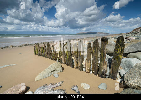 View from Penmaenmawr beach looking towards Great Orme's Head Llandudno on the North Wales coast UK Stock Photo