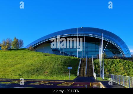View of the space age design of the Sage, against a perfect blue sky day. Stock Photo