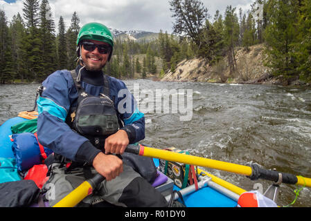 Far And Away Adventures guide Jake Miczulski on the Middle Fork Salmon River in Idaho. Stock Photo