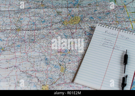 Still life scene of planning a road trip in Texas. Stock Photo