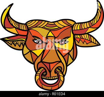 Mosaic low polygon style illustration of a Texas longhorn bull with nose ring viewed from front on isolated white background in color. Stock Vector
