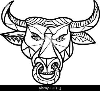 Mosaic low polygon style illustration of a Texas longhorn bull with nose ring viewed from front on isolated white background in color. Stock Vector