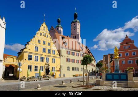 Market square and church towers of the parish church St. Emmeram, Wemding, Donau-Ries district, Swabia, Bavaria, Germany Stock Photo