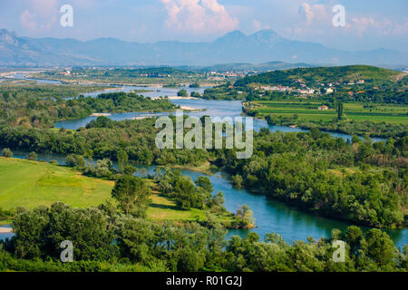 River Drin and river Kir, view from castle Rozafa, Shkodra, Shkodër, Qark Shkodra, Albania Stock Photo