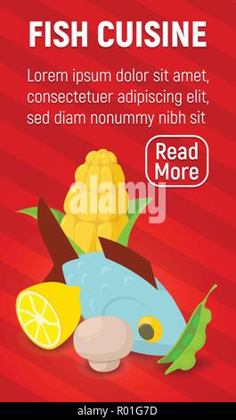 Fish cuisine concept banner, comics isometric style Stock Vector