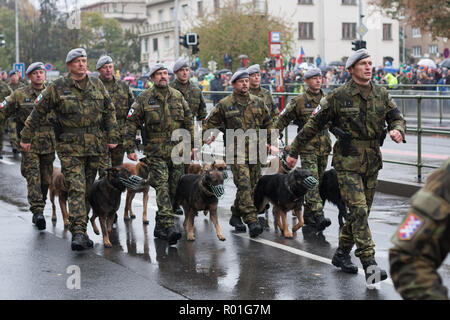 European street, Prague-October 28, 2018: Soldiers with service dogs are marching on military parade for 100th anniversary of creation Czechoslovakia  Stock Photo