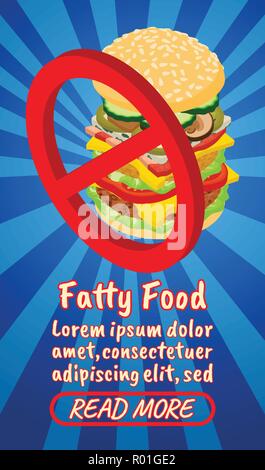 Fatty food concept banner, comics isometric style Stock Vector