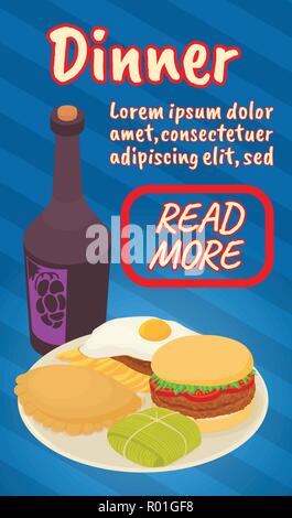 Dinner concept banner, comics isometric style Stock Vector