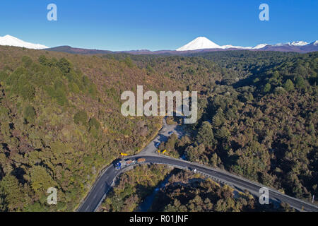 Mt Ngauruhoe and Desert Road, Tongariro National Park, Central Plateau, North Island, New Zealand - aerial Stock Photo