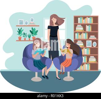 mother and daughters sitting in chair avatar character Stock Vector