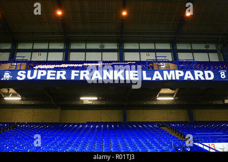 London, UK. 31st October, 2018. a General view of a banner in tribute to Derby County Manager Frank Lampard inside the empty stadium ahead of tonight's game. EFL Carabao Cup, round 4 match, Chelsea v Derby County at Stamford Bridge in London on Wednesday 31st October 2018.  this image may only be used for Editorial purposes. Editorial use only, license required for commercial use. No use in betting, games or a single club/league/player publications. pic by Steffan Bowen/ Andrew Orchard sports photography/Alamy Live news Stock Photo