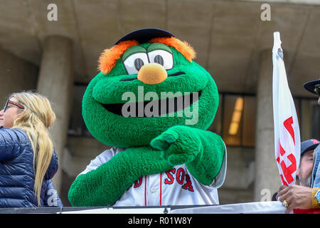 Boston, Mass. 31st Oct, 2018. Boston Red Sox mascot Wally rides in a duck boat during the Boston Red Sox 2018 World Series championship celebration parade held in Boston, Mass. Eric Canha/CSM/Alamy Live News Stock Photo