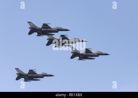 October 28, 2018 - Thessaloniki, Greece (GRC, Greece - Hellenic Air Force Zeus Demo Team (HAF) F-16C Block 52  in formation flying over Thessaloniki during the military parade. the ''Oxi day'' that commemorates the rejection from Greece of the ultimatum made by Italian dictator Benito Mussolini in 1940. Credit: Nicolas Economou/SOPA Images/ZUMA Wire/Alamy Live News Stock Photo