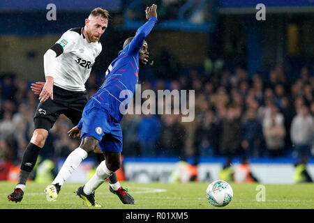 Richard Keogh of Derby County fouls Ngolo Kanté of Chelsea during the EFL Carabao Cup Round of 16 match between Chelsea and Derby County at Stamford Bridge, London, England on 31 October 2018. Photo by Carlton Myrie.  Editorial use only, license required for commercial use. No use in betting, games or a single club/league/player publications. Stock Photo