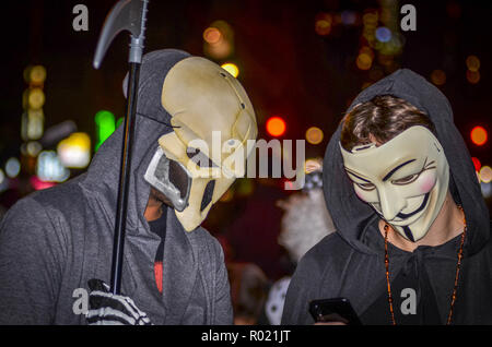 Participants seen dressed in Halloween costume during the parade. Hundreds of people participated in the 45th Annual Greenwich Village Halloween Parade in New York City. Stock Photo