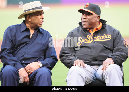 San Francisco, CA, USA. 16th July, 2010. 16 July 2010; San Francisco, CA: San Francisco Giants hall of famers Orlando Cepeda and Willy McCovey on the field to honor broadcaster Jon Miller, who received the Ford C. Frick award and was inducted into the Baseball Hall of Fame. The San Francisco Giants won the game 1-0. Credit: Charles Herskowitz/SCG/ZUMAPRESS.com/Alamy Live News Stock Photo