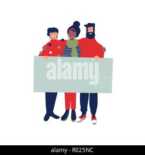 Young people group holding blank banner on winter season for special holiday event text. Happy friends with empty sign template at christmas charity b Stock Vector