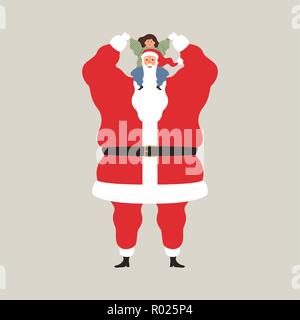 Christmas season characters, happy Santa Claus holding little girl on isolated background for holiday celebration. Flat cartoon illustration. Stock Vector