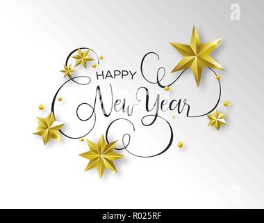 Happy New Year calligraphic greeting card or party invitation illustration, handwritten typography text quote with festive 3d gold stars. Elegant holi Stock Vector