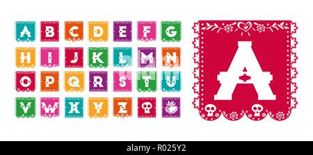 Mexican style alphabet typography set, traditional paper flag font in festive colors with day of the dead skull decoration. Stock Vector