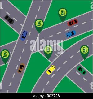 Green electric fuel pumps on the road Stock Vector
