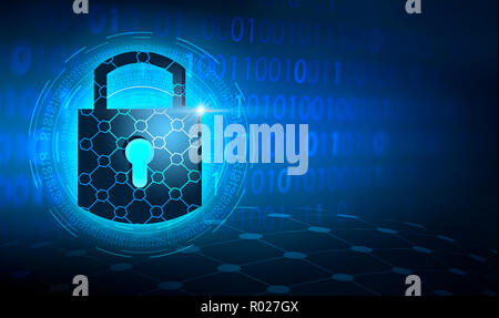 Key lock security system abstract technology world digital link cyber security on hi tech Dark blue background Stock Photo