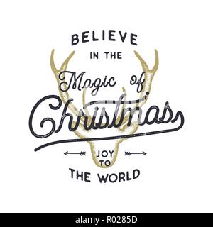 Christmas typography quote design. Believe in Magic of Christmas. Joy the world sign. Inspirational print for t shirts, mugs, holiday decorations, costumes. Stock vector calligraphy isolate Stock Vector