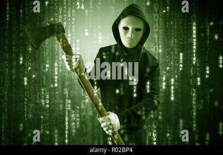 Masked and armed anonymous hacker breaking in cyber security cloud data concept  Stock Photo