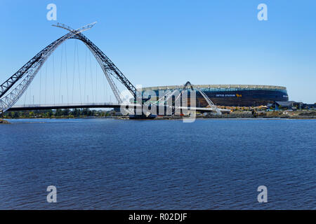 View across the Swan River to Matagarup Bridge  and Optus Stadium, Perth, Western Australia Stock Photo