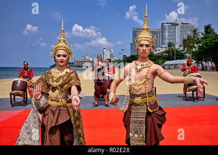 Thailand dancers in traditional ancient dress at a historical event held in Pattaya Southeast Asia Stock Photo