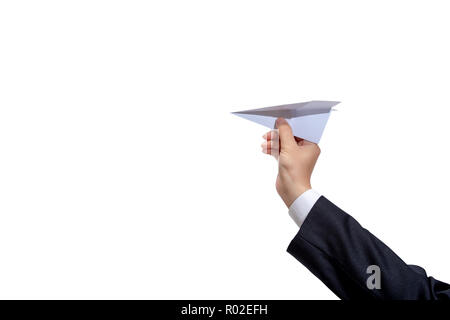 Businessman hand holding paper plane on white background . Stock Photo