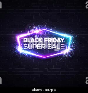 Black Friday design with neon light frame. Brick texture background vector illustration for Black friday sale event. Stock Vector