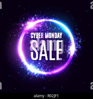 Cyber monday sale on circle background. Neon letters in round frame. 3d abstract vector design for Cyber monday event poster. Stock Vector