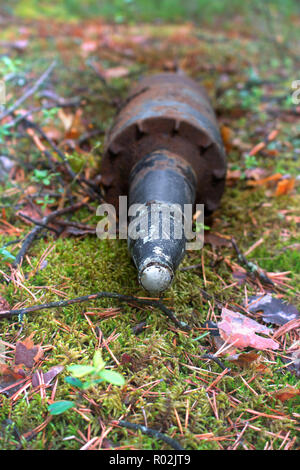 Mortar shell found in the woods. Mortar mine threat for the population, sappers demining Stock Photo