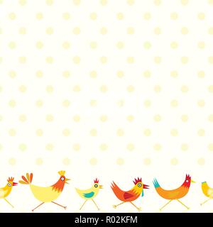 Colorful seamless repeat pattern of yellow and orange chickens with yellow polka dots on a white background Stock Vector