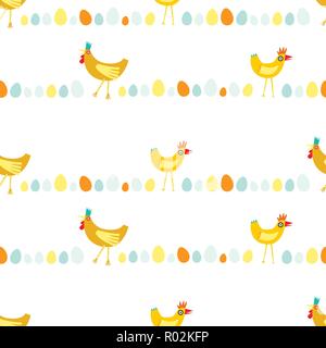 Colorful seamless repeat pattern of yellow and orange chickens in horizontal lines on a white background Stock Vector