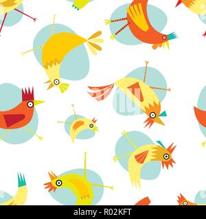 Colorful seamless repeat pattern of yellow and orange chickens on a white and light blue background Stock Vector