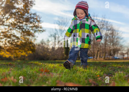 Little Caucasian boy walking on the grass in the park in autumn